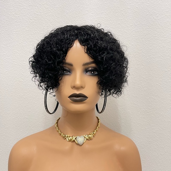 New! Unused! Short curly Human Hair Glueless Wig (No Lace, All wefts) Natural Bl - Picture 3 of 10